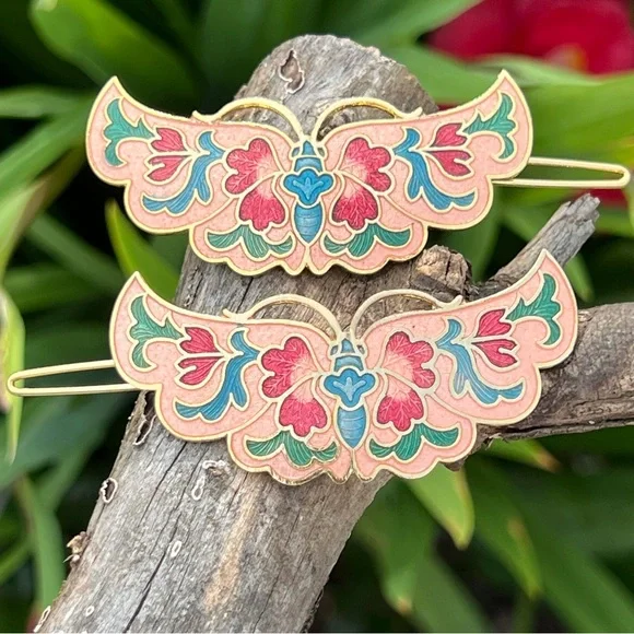 Vintage Cloisonné Enamel Butterfly Hair Barrettes – Set of 2
